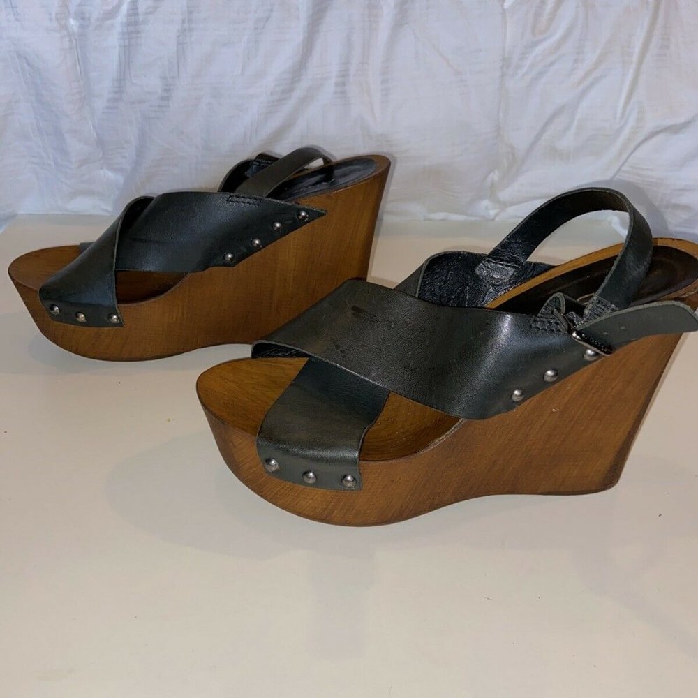 Aldo Black Leather Strap Wooden Wedge